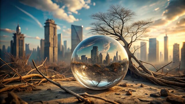 A desolate cityscape with crumbling skyscrapers and overgrown streets is reflected through a crystal ball that encases a decaying barren tree its twis
