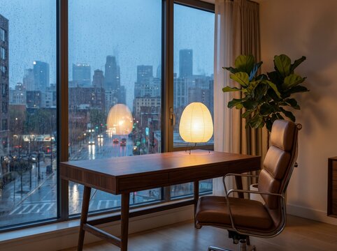 Serene modern home office interior with desk, lamp and plant featuring rainy city twilight view through large window