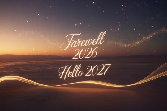 Farewell 2026, hello 2027, sunset horizon with sparkles