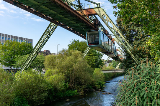 Wuppertal Suspension Railway over the Wupper River in North Rhine-Westphalia, Germany