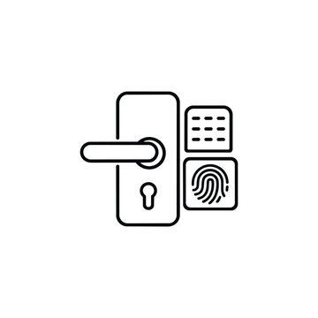 Door handle and keypad with fingerprint reader for biometric entry and secure access control, black outline vector icon isolated on white background