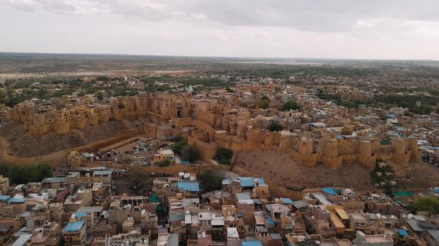 Jaisalmer fort aerial view, ancient indian landmark in rajasthan and popular historic golden city tourist destination