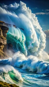 Massive ocean wave crashing against a cliff