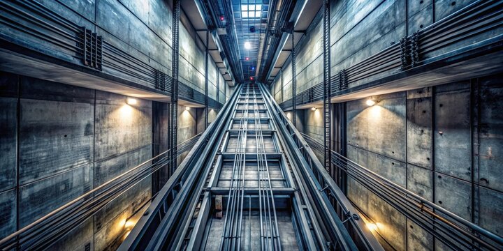 Vertical shaft with exposed concrete walls and visible metallic cables stretched up into the darkness, structural elements, deep elevator shaft