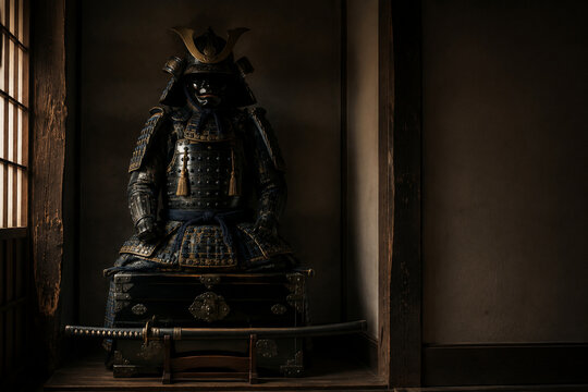 Bushido still life with samurai armor and katana in dark alcove