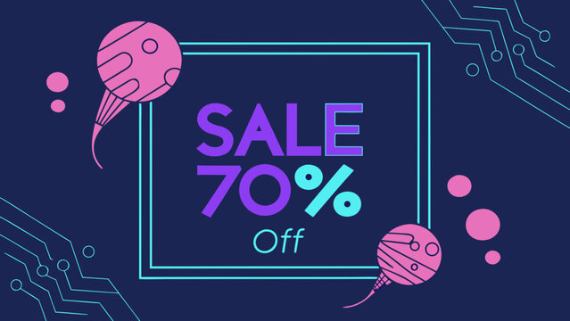 Neon space theme sale banner background vector. Cyber Monday discount template with futuristic planet elements.