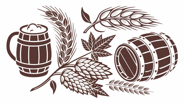 Craft beer vector clipart set with wooden barrel, beer mug, hop cones and barley ears. Vintage engraving style illustration.