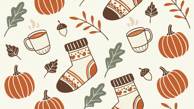 Cozy autumn seamless pattern vector background with pumpkins, warm socks, coffee cups and leaves. Fall harvest hygge style design.