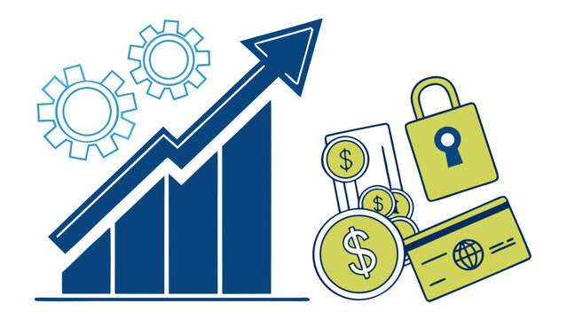 Financial growth chart vector icon set with padlock, credit card and coins. Secure banking fintech business concept vector.