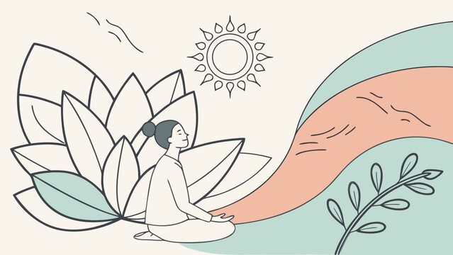 Mental health and meditation vector illustration. Woman meditating lotus pose with organic shapes, sun and nature line art.