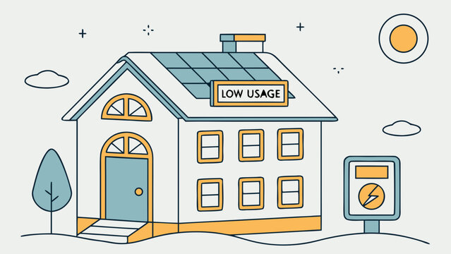 Energy saving house vector illustration with solar panels on roof. Renewable green energy efficiency concept with low usage sign.
