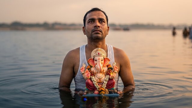Ganesh Visarjan Immersion &ndash; Devotee Carrying Ganesha Into Water