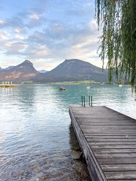 a Jetty at Lake Wolfgang in St. Wolfgang, Salzkammergut, Austrian Alps vertical