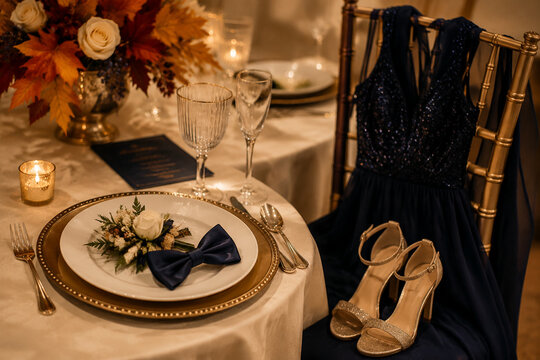 Formal dinner place setting with corsage, bow tie, high heels and dress, fall dance preparation concept