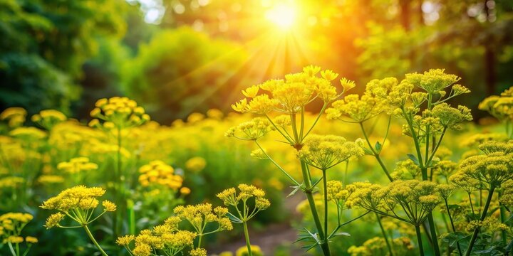 Vibrant ruta graveolens blooms in lush green garden with sunlight filtering through trees, highlighting its unique flowers against a serene backdrop , botanicals, blooming