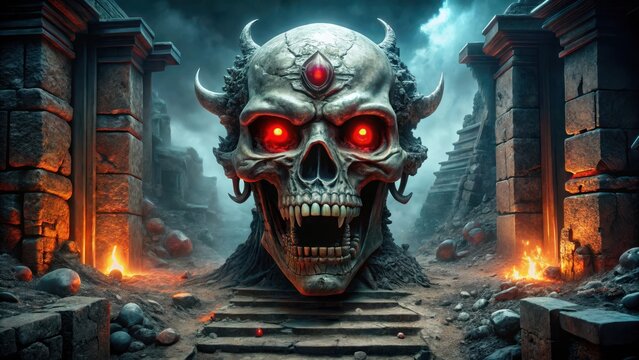 A screaming silver demon skull with glowing red eyes in a dark mysterious environment, surrounded by ancient ruins and mystical artifacts, mystical artifacts, devil