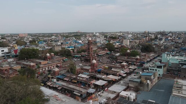 Aerial view of sardar market and ghanta ghar clock tower with the cityscape of jodhpur, rajasthan, india