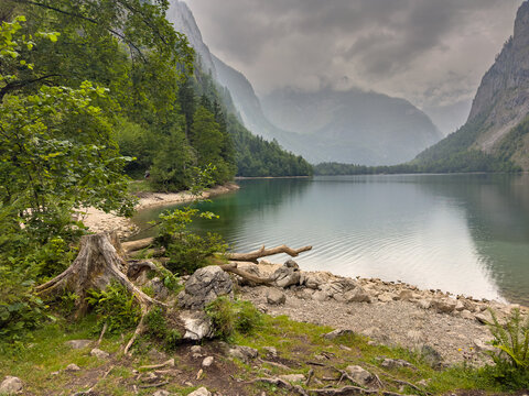 Beautiful Mountain Lake Shore in the Berchtesgaden Alps, Bavaria, Germany &ndash; Scenic Travel and Tourism Concept