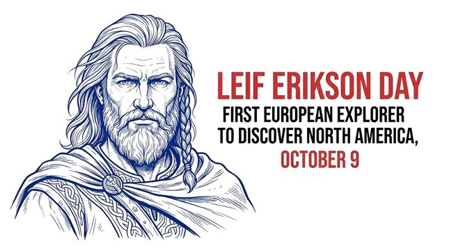 Leif Erikson Day tribute poster features a blue engraved line art portrait of the famous Norse explorer with historical