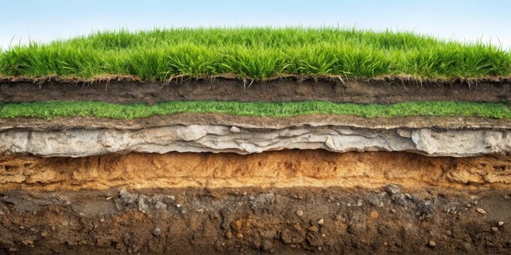 Cross-section of soil layers with grass showing erosion processes and underground composition, geological features, vegetation