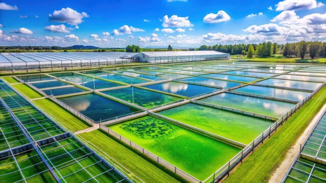 Sunny day at algae farm with green ponds and blue sky, surrounded by lush vegetation, showcasing sustainable biofuel production process, greenhouses, blue sky
