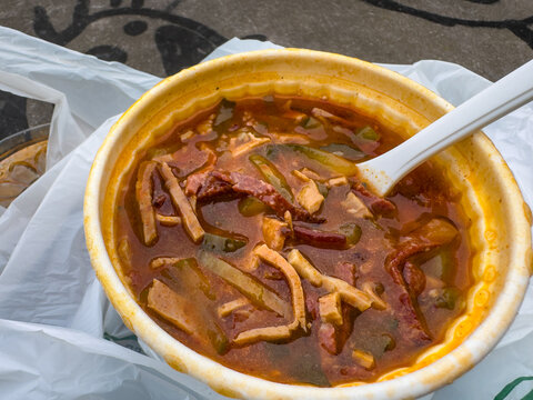 Traditional Russian Solyanka Soup Served at a City Snack Bar &ndash; Hearty Eastern European Cuisine