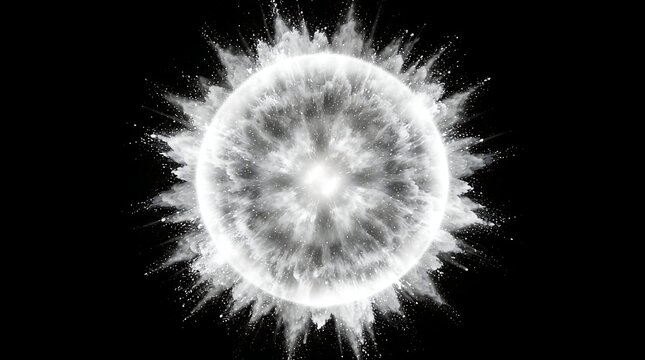Circular shockwave of white powder explosion on a black background with shock wave circle blast ring explosion burst effect white dust particle ring