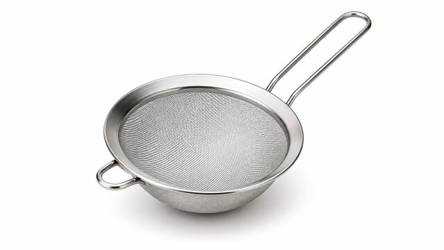 Stainless steel fine mesh sieve strainer with wire handle isolated on white background