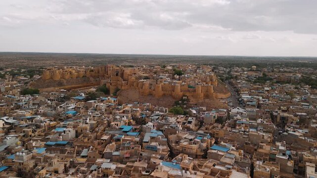 Aerial view of the historic jaisalmer fort and the ancient golden city in rajasthan, india, a popular travel destination