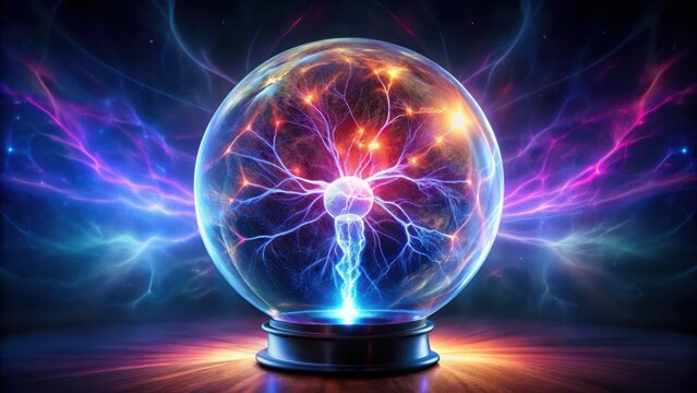 A colorful plasma globe with swirling lightning bolts and electric blue accents floats in mid-air surrounded by dark space