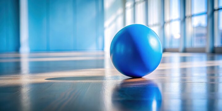 A blue ball lies on the floor with a slight roll , everyday object, ball on the floor