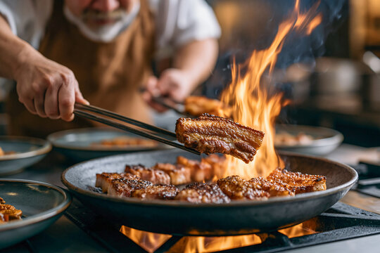 Chef Flaming Meat Dish A culinary artist expertly flips succulent pieces of meat with tongs, igniting a dramatic flare as they sizzle in a cast-iron pan over an open flame.