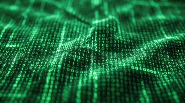 Glowing green binary code stream and digital data ribbon flowing across dark wavy matrix surface background