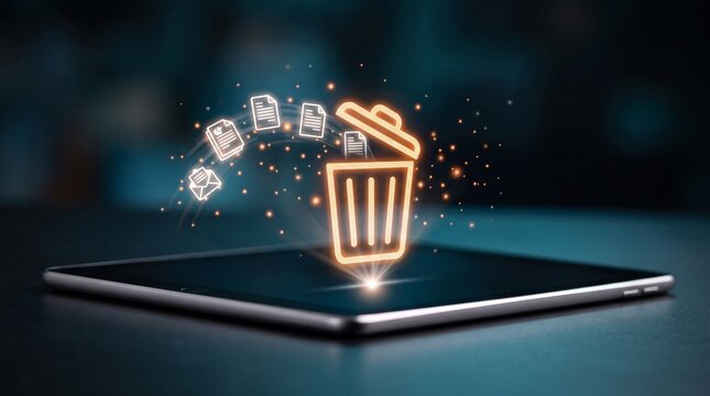 Digital data cleanup concept with glowing trash bin icon and floating files over a tablet screen