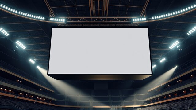 Empty stadium jumbotron dominates view. Rows seats surround dark arena. Lights illuminate central display, creating dramatic effect.