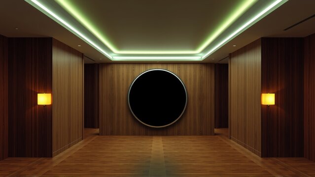 Minimalist interior. Dark wood paneling, bright linear lighting, circular opening. Warm tones, symmetrical design, modern aesthetic.