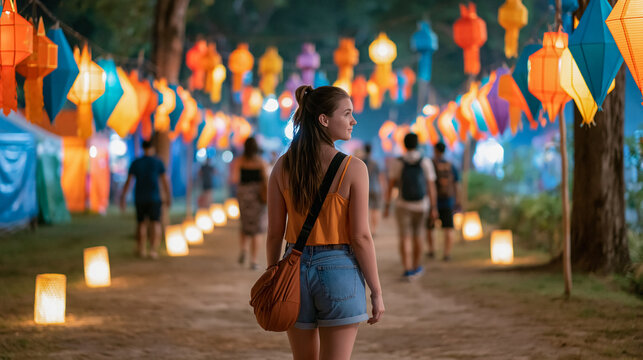 Festival Lights and Wanderlust A young woman walks down a path illuminated by colorful lanterns and glowing paper bags.