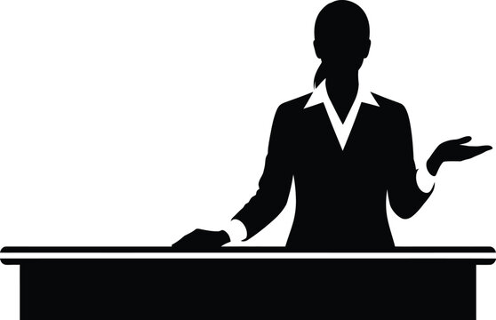 Silhouette of a female customer service representative standing behind a reception desk