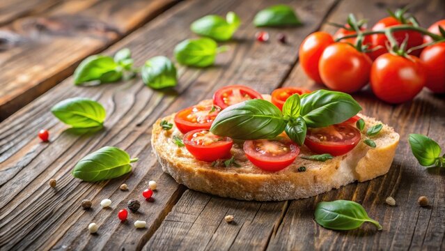 Traditional Italian bread friselle slice on wooden table with fresh tomatoes and oregano leaves, garnished with extra basil leaves , italian bread, tomato