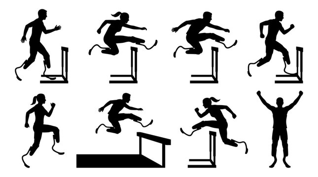 Set of silhouettes of athletes with blade prosthesis jumping hurdles, representing adaptive sports, disability inclusion, paralympic competition
