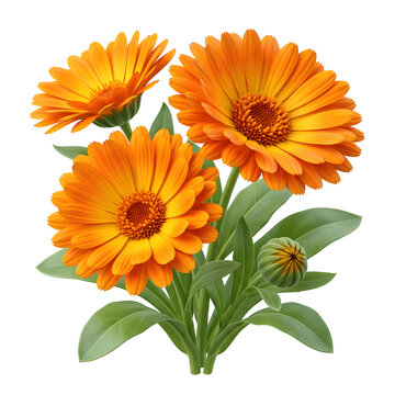 Orange calendula flowers with green leaves on transparent background