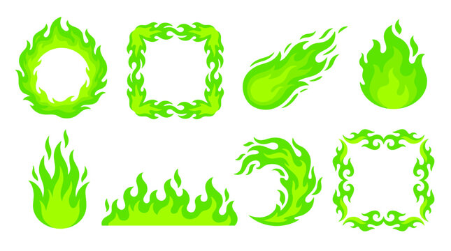 Set of green fire elements and frames for retro game design, blazing combustion shapes, burning effects, magical energy, neon flame collection