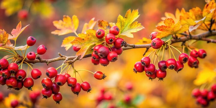 Colorful ripe hawthorn berries clustered on a bare tree branch, with some leaves and stems surrounding them in autumn , tree, autumn