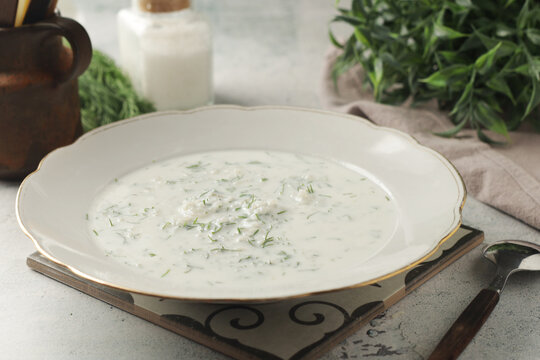 A bowl with traditional Azerbaijan soup dovga