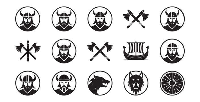 Viking iconography collection featuring helmets axes longships and animal symbols for historical themes.