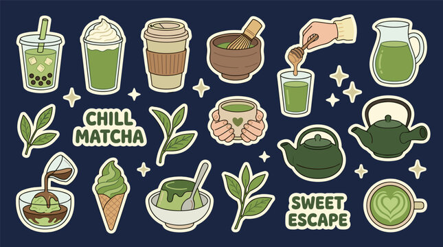 Matcha green tea set with bubble tea, lattes, ice cream, whisk, teapot, and tea leaves, healthy beverage icons, sweet escape and chill elements