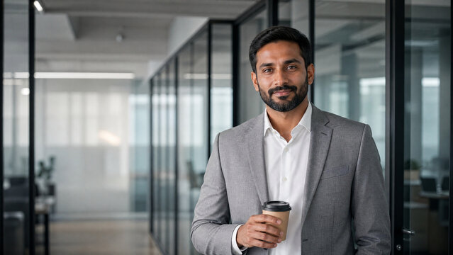 Confident Indian businessman in grey suit holding coffee. Professional male entrepreneur in modern office hallway. Successful corporate leader.