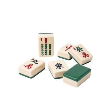Traditional Mahjong Game Tiles Isolated in Scattered Arrangement with Chinese Characters, Numbers and Green Backs