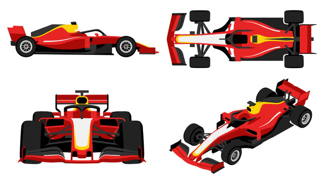 Set of formula racing car different viewpoints vector illustrations showing side top front and isometric projection for sports visualization
