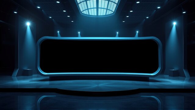 Futuristic studio set. Dark blue lighting creates dramatic effect. Sleek design, modern architecture, empty stage visible. Minimalist aesthetic.